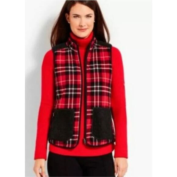 Talbots Womens Sherpa Vest Size XL Red Black Plaid Reversible Thermawarmth Zip - Picture 1 of 12